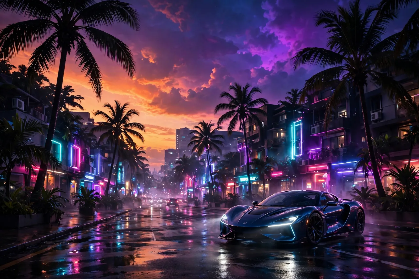 GTA 6 explained: cover illustration of a neon-lit Vice City street scene