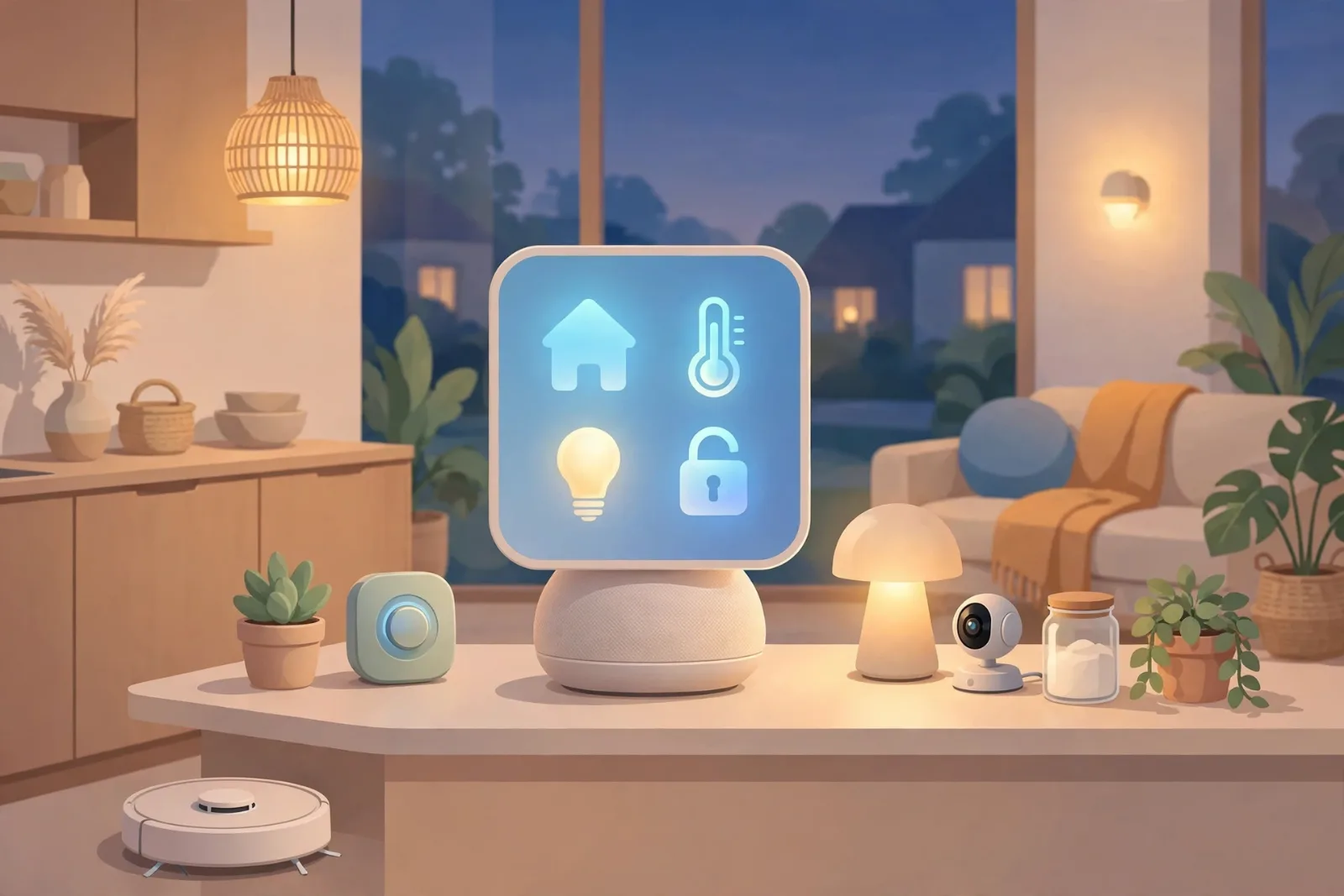 Illustration of Apple's HomeView smart home display on a kitchen counter in a modern living room.
