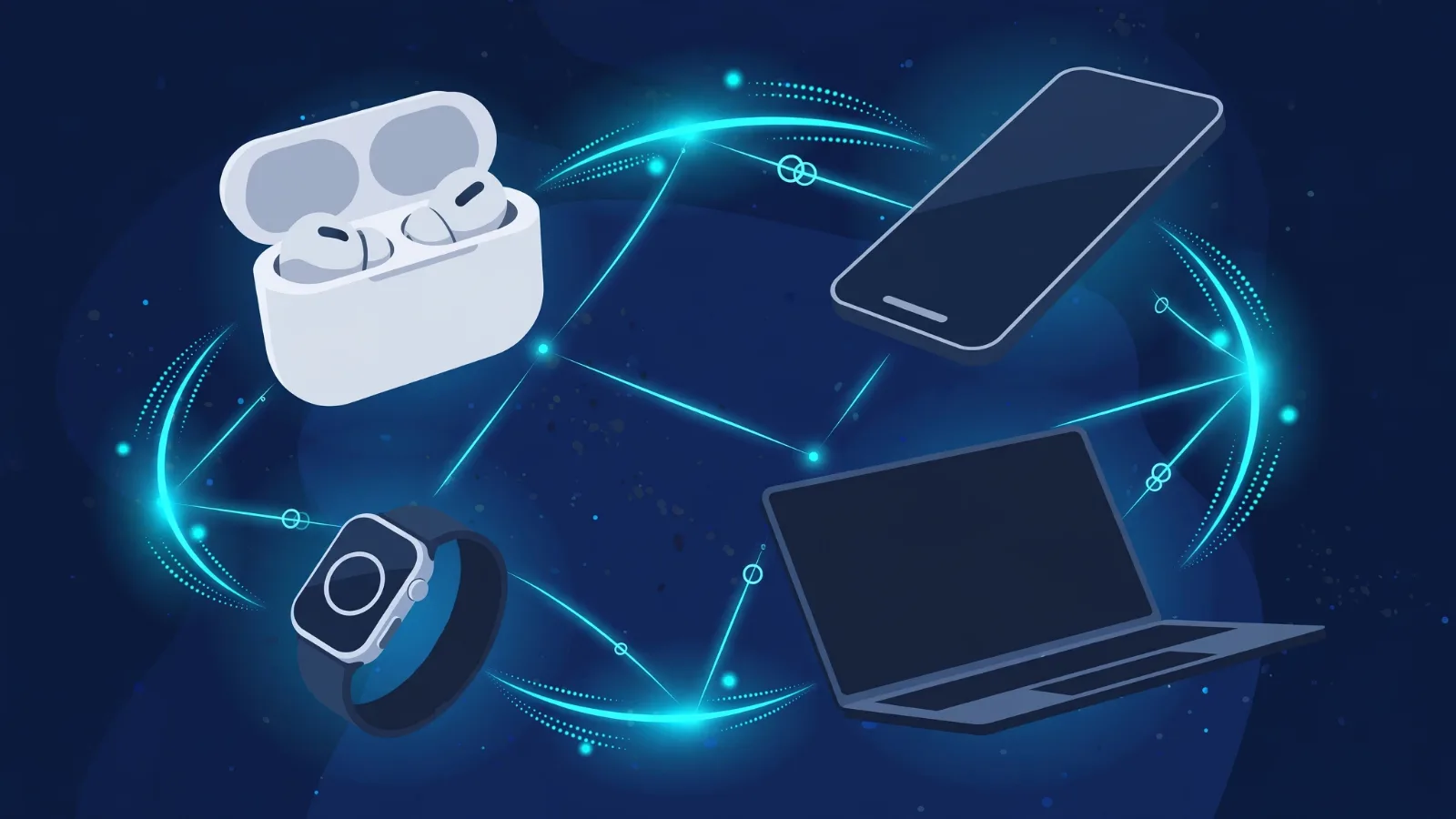 Illustration of wireless earbuds, a phone, a smartwatch and a laptop connected by glowing Bluetooth radio waves.