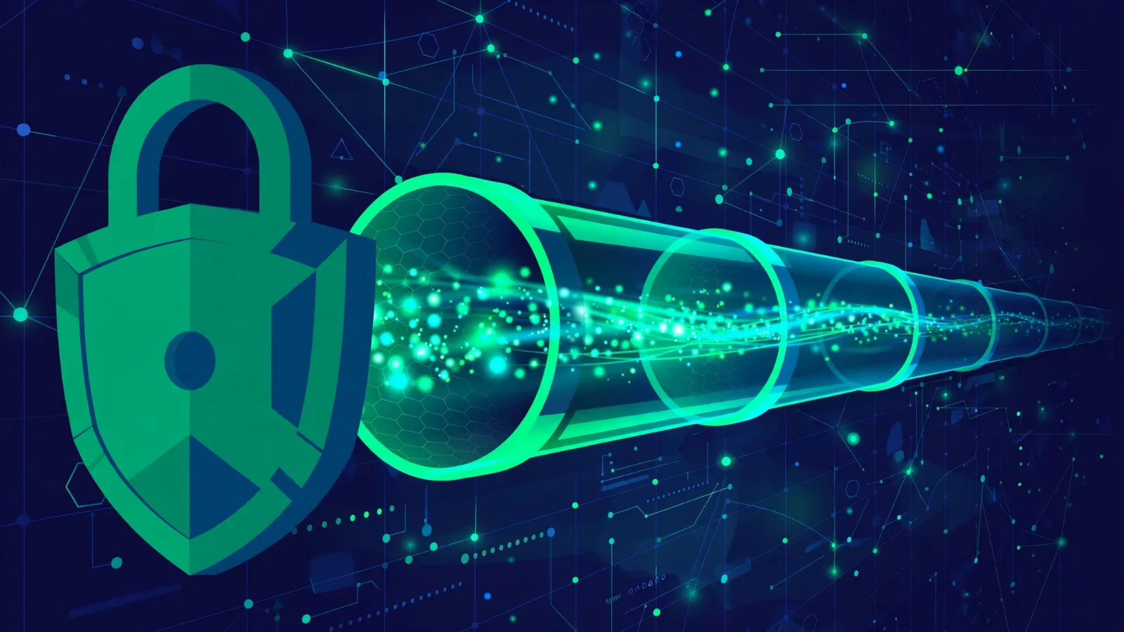 Illustration of an encrypted data tunnel guarded by a shield, protecting a smartphone.