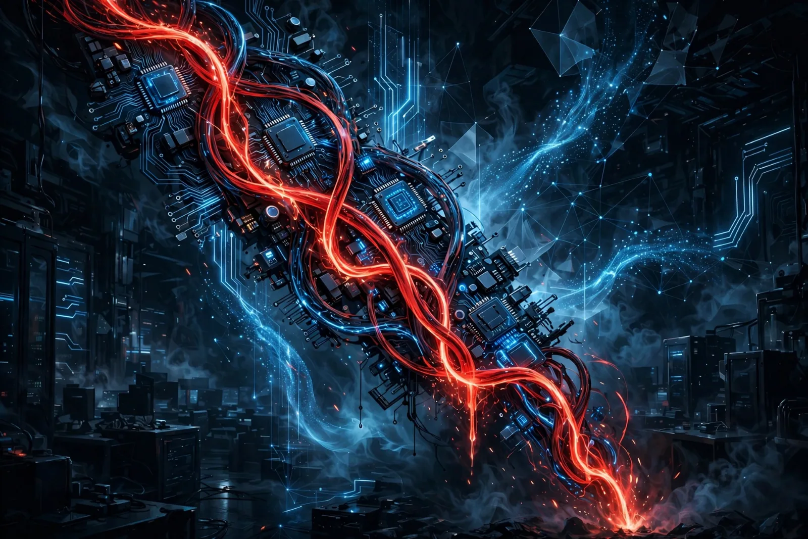 Illustration of crashing AI stock charts and tumbling tech share prices