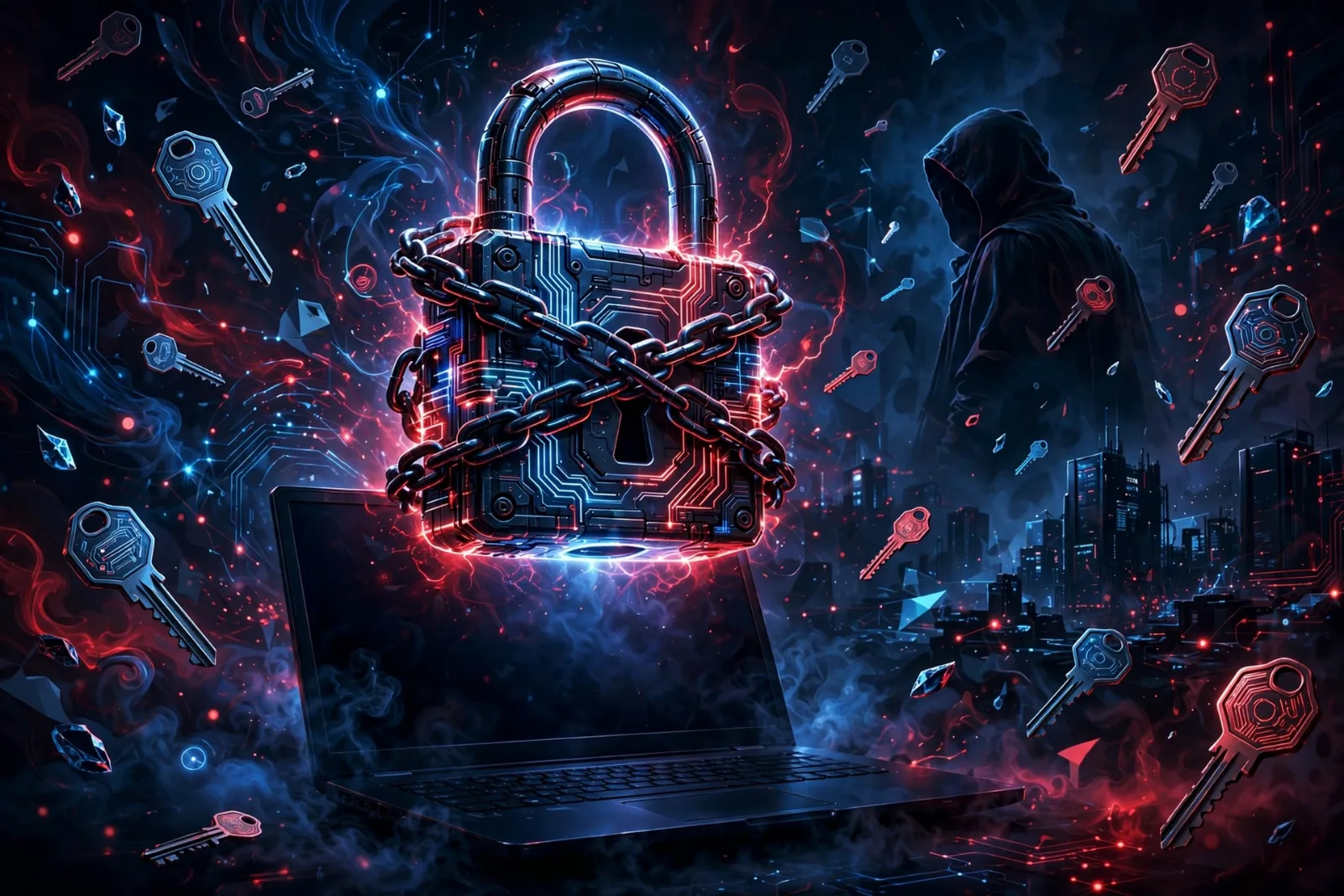 Illustration of a ransomware attack locking files with a ransom demand on screen