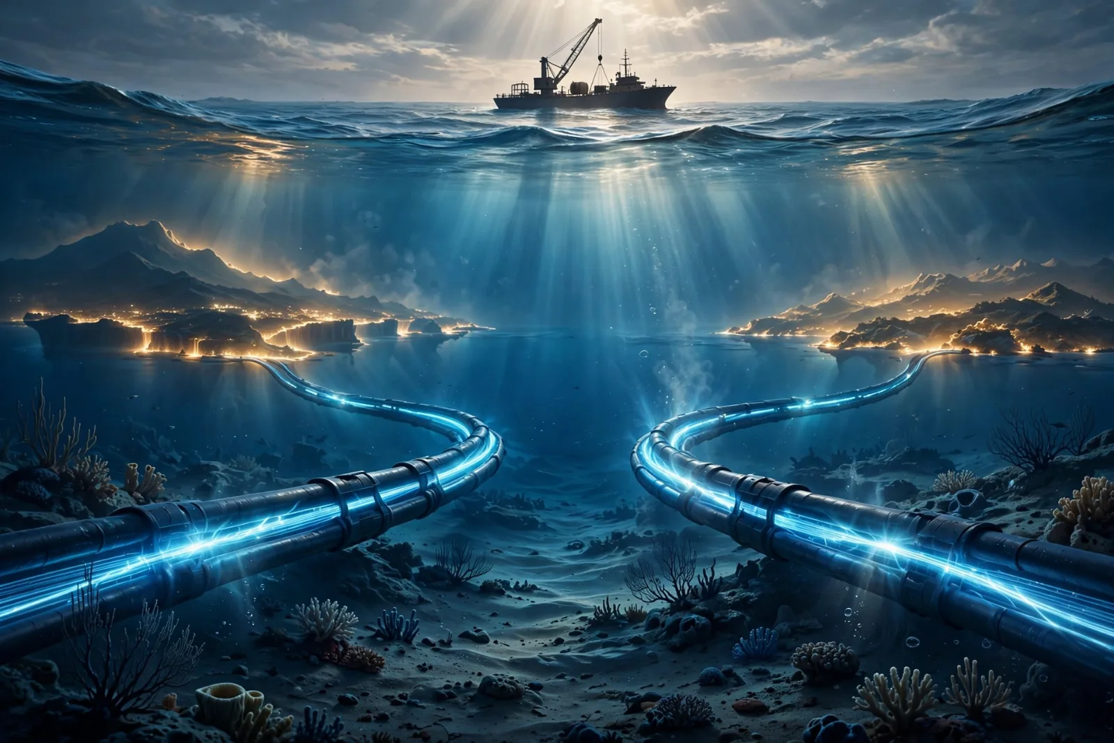 Illustration of undersea internet cables on the ocean floor carrying global data