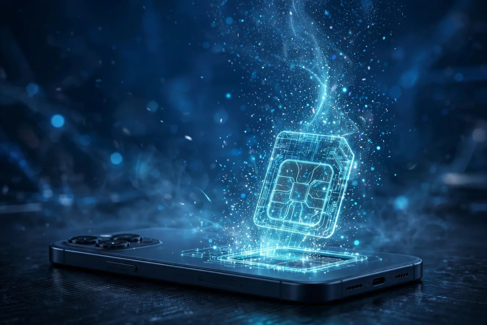 Smartphone with a holographic eSIM card dissolving into light