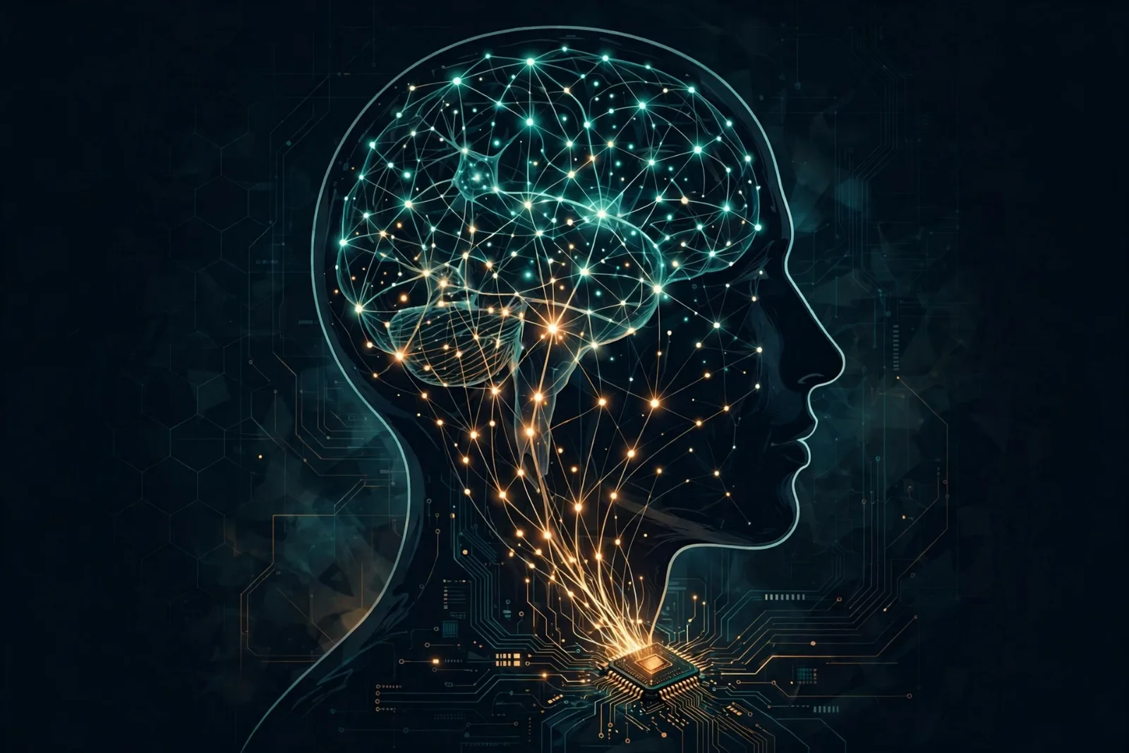 Illustration of a neural network converging on a brain implant chip