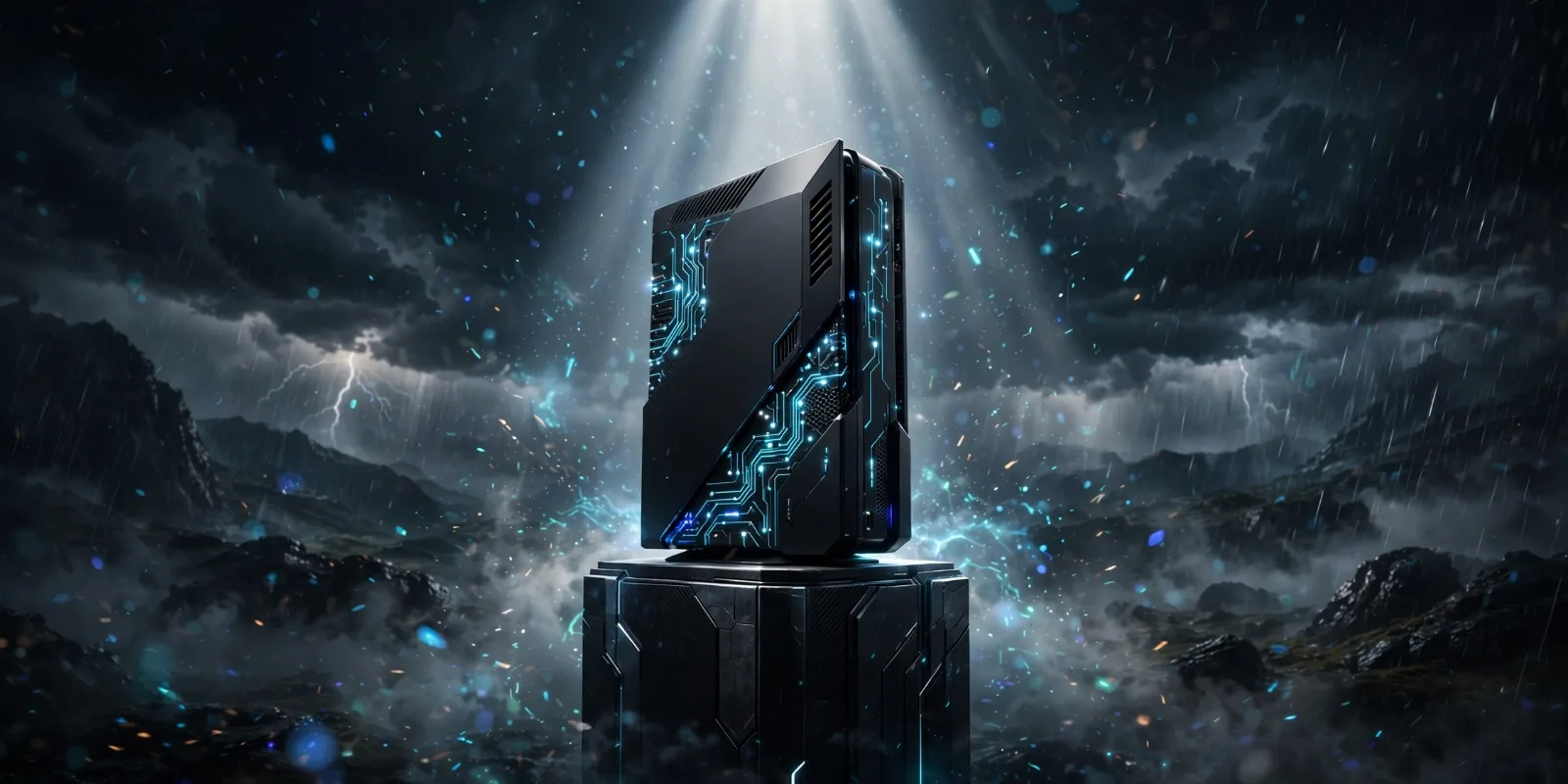 Futuristic game console under dramatic spotlight