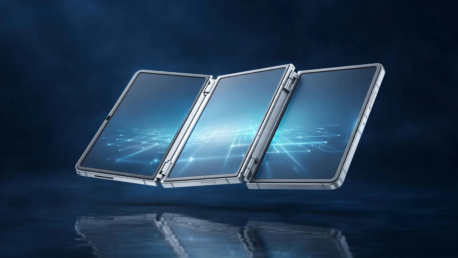 Futuristic silver tri-fold smartphone opening into a wide tablet display