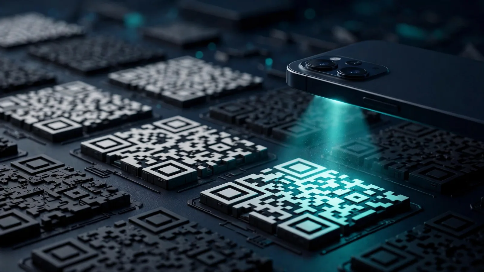Close-up of black-and-white QR code patterns with a smartphone scanning one