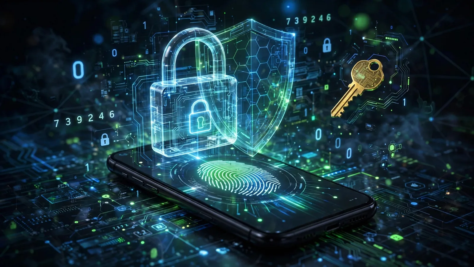 Smartphone with a glowing fingerprint behind a digital padlock and shield