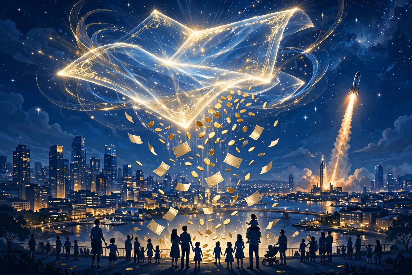 Illustration of a glowing golden pledge raining gold coins and share certificates down toward families, with a rocket launching into a starry sky