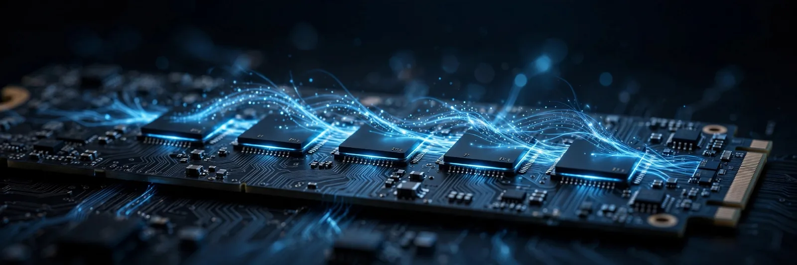 Macro view of glowing NAND flash memory chips on an NVMe SSD circuit board with blue data streams
