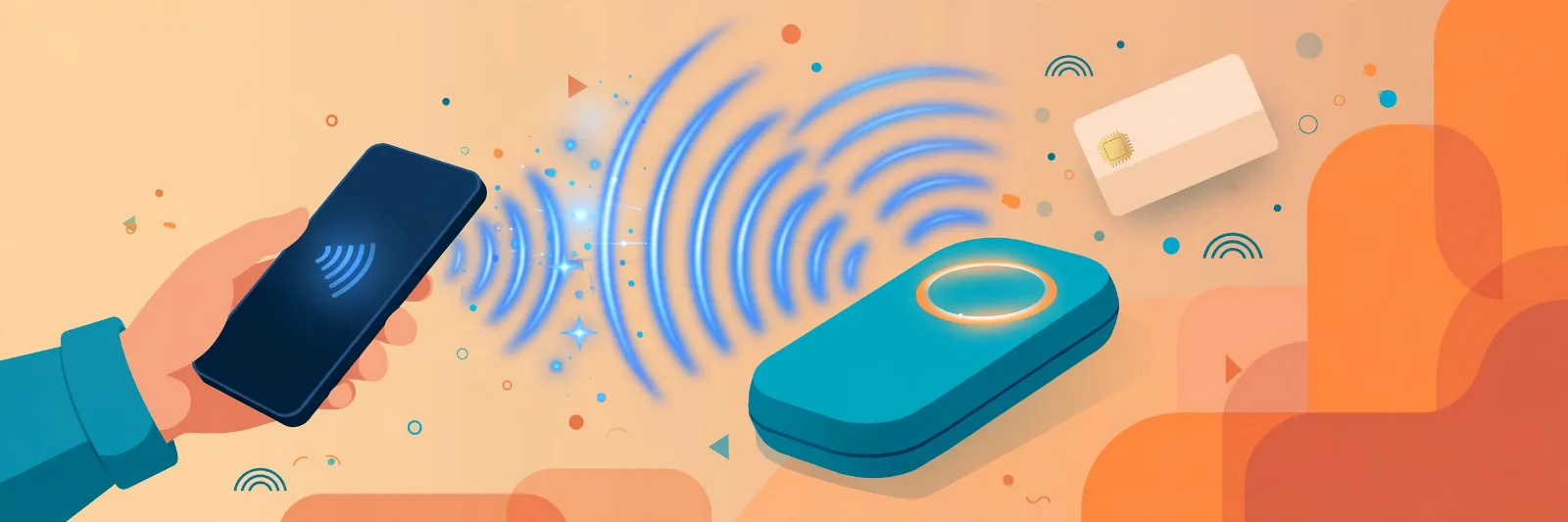 Hand holding a smartphone tapping a glowing contactless payment terminal with blue NFC waves radiating out
