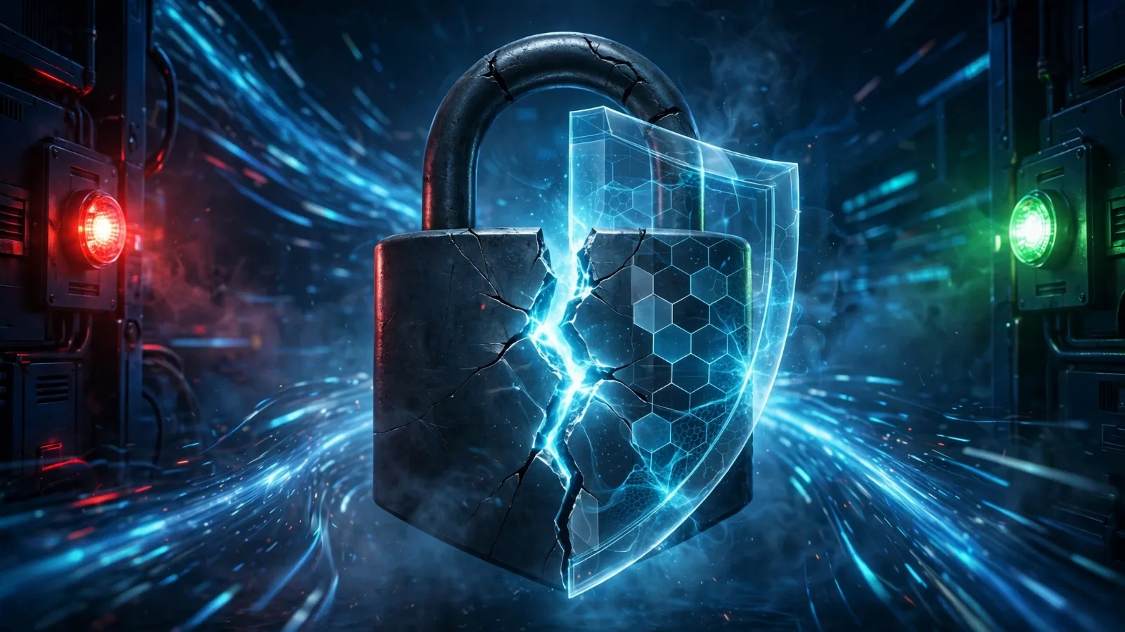 Glowing shield and padlock over PHP code, concept art for the AI-discovered PHP flaw
