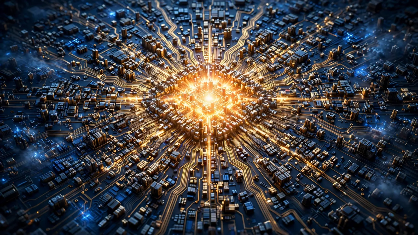 Glowing CPU chip die on a dark circuit background