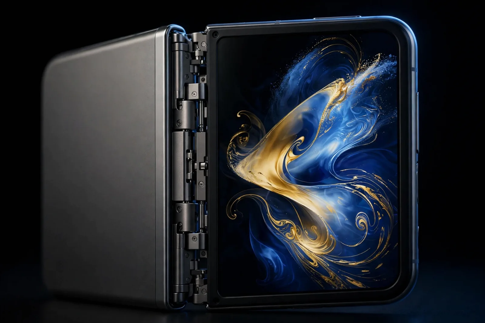 The iPhone Duo foldable iPhone shown half-open, revealing its large folding inner display