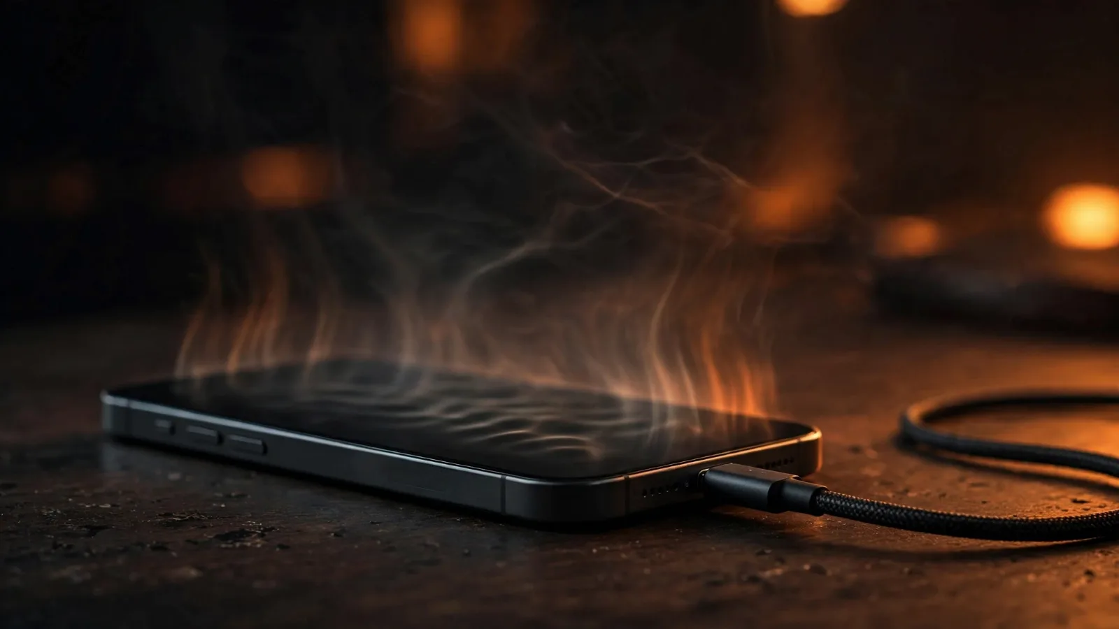 A smartphone connected to a charger with heat radiating from the phone body