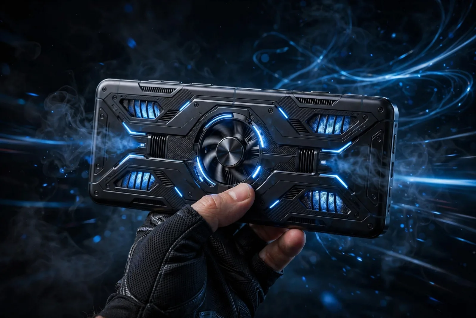 Gaming smartphone with glowing cooling fan vents.