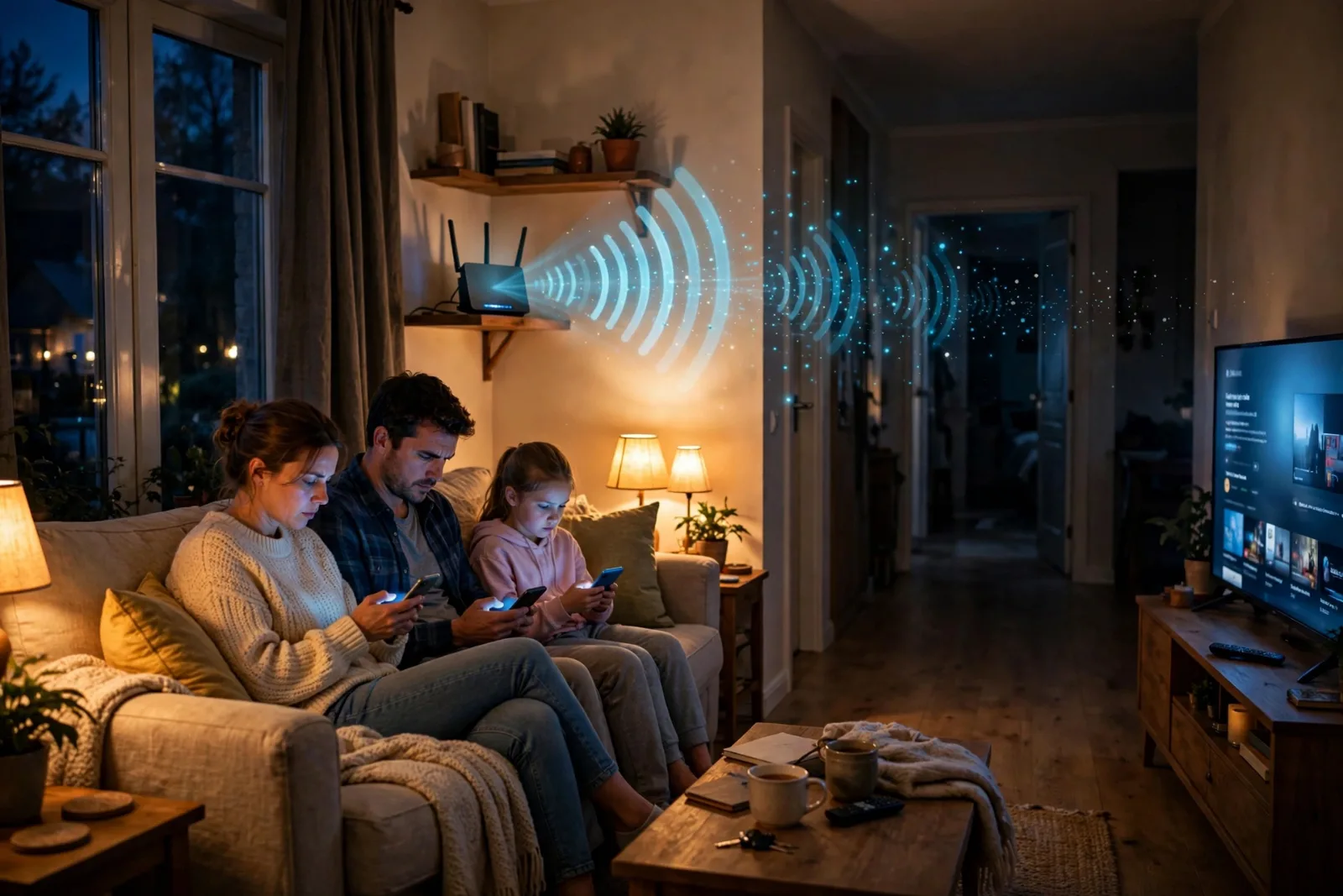 Living room at night with a router sending weak Wi-Fi signals to glowing devices.