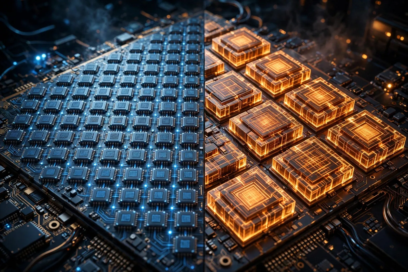 Graphics chip split between general-purpose cores and AI matrix cores.