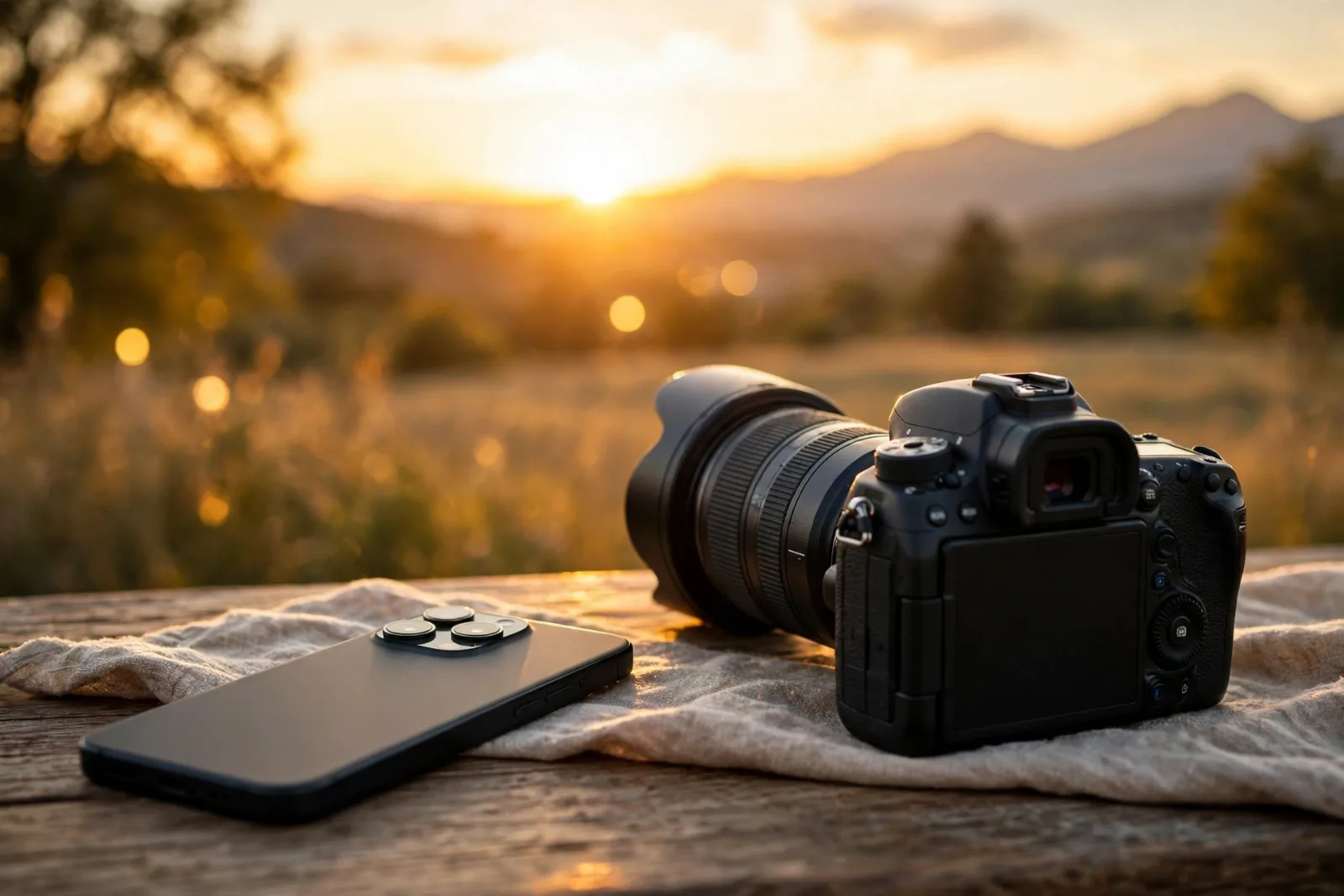 A phone camera and a DSLR camera side by side