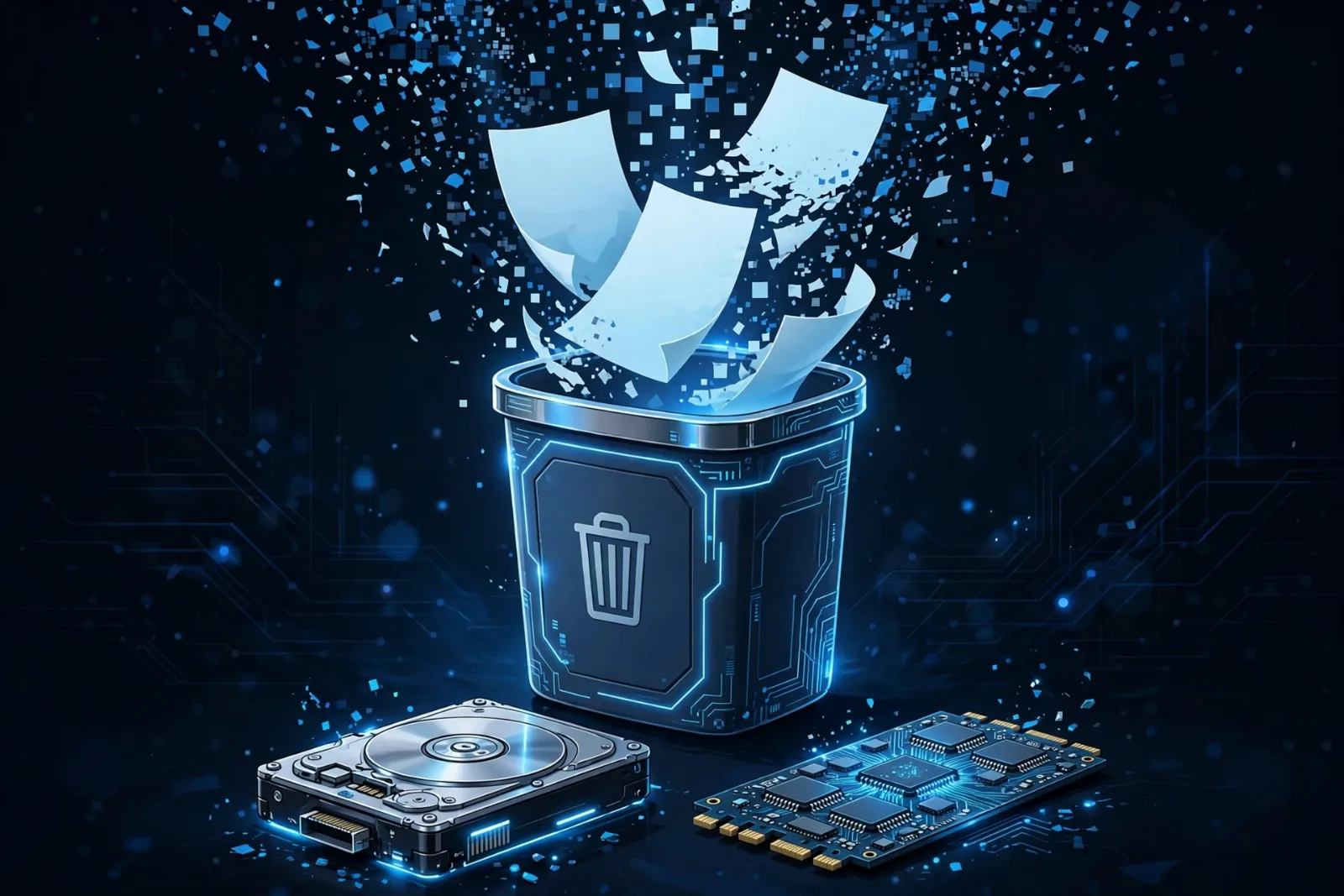 Documents dissolving into digital fragments above a hard drive.